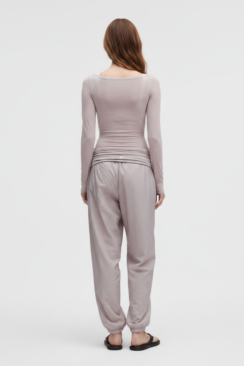Back View — Long Brown Hair Model — Taupe Top