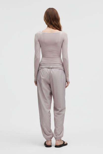 Back View — Long Brown Hair Model — Taupe Top