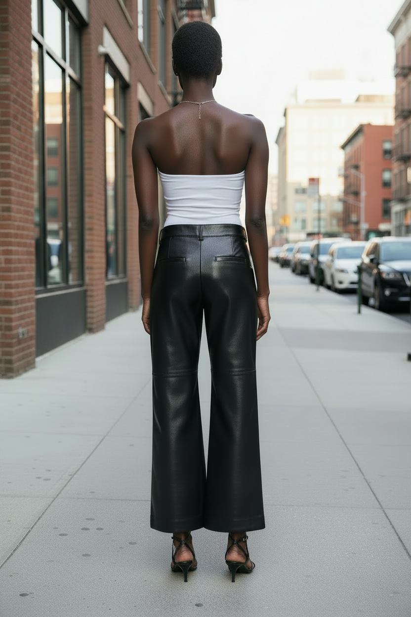 Black Leather Trousers Back View Strappy Heels Corrected