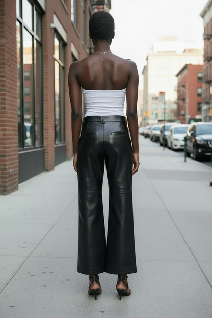 Black Leather Trousers Back View Strappy Heels Corrected