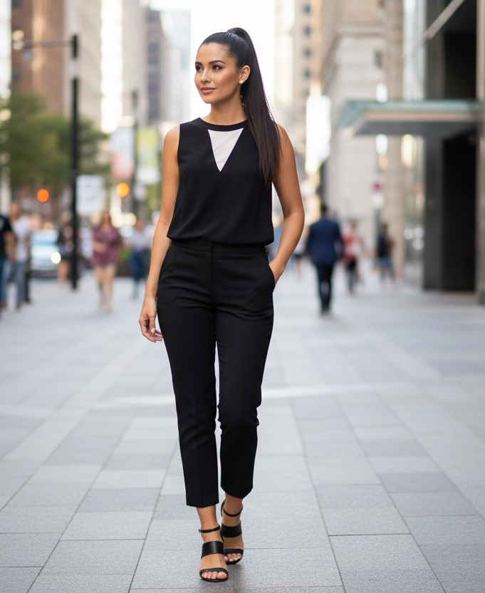 Black sleeveless top styled on model in city setting