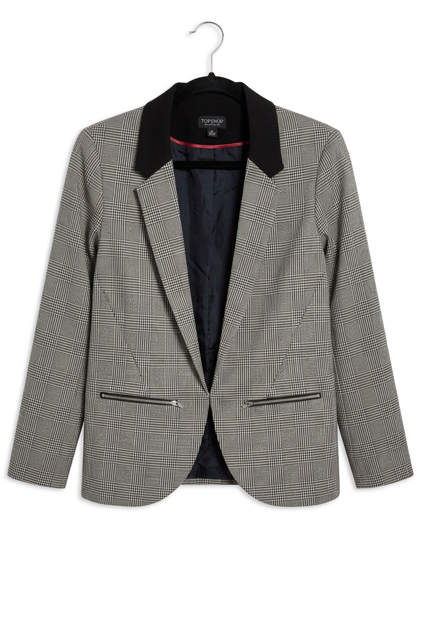 Blazer front with white background and darker collar