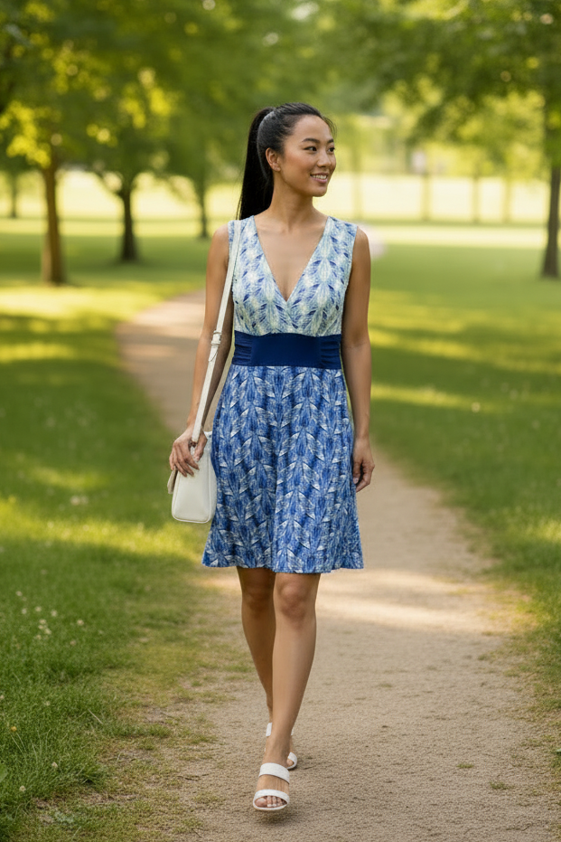 Blue Feather Print Fitted Sheath Dress on Model in Park