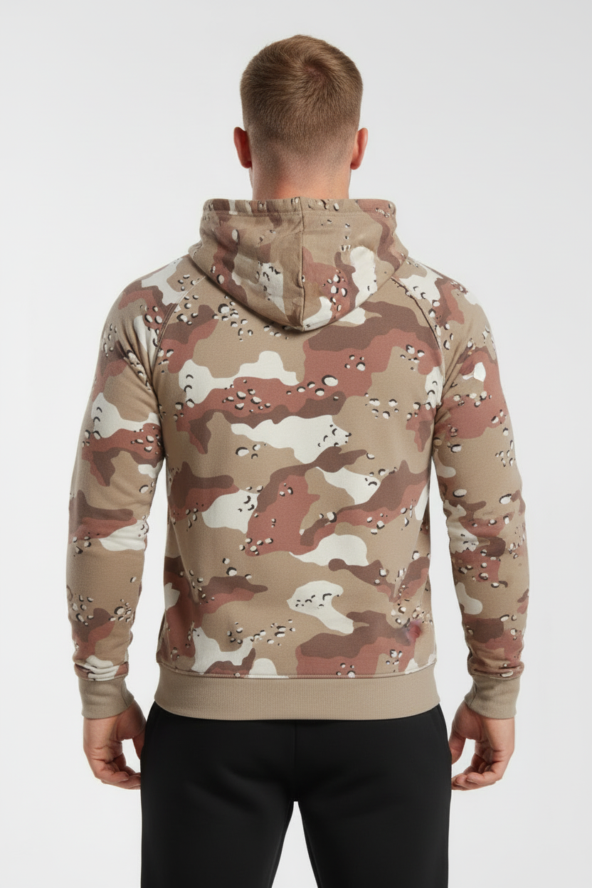 Caucasian blonde model desert camo hoodie back view