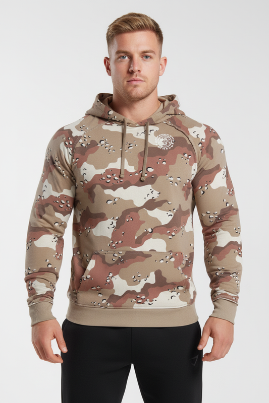 Caucasian blonde model desert camo hoodie front view