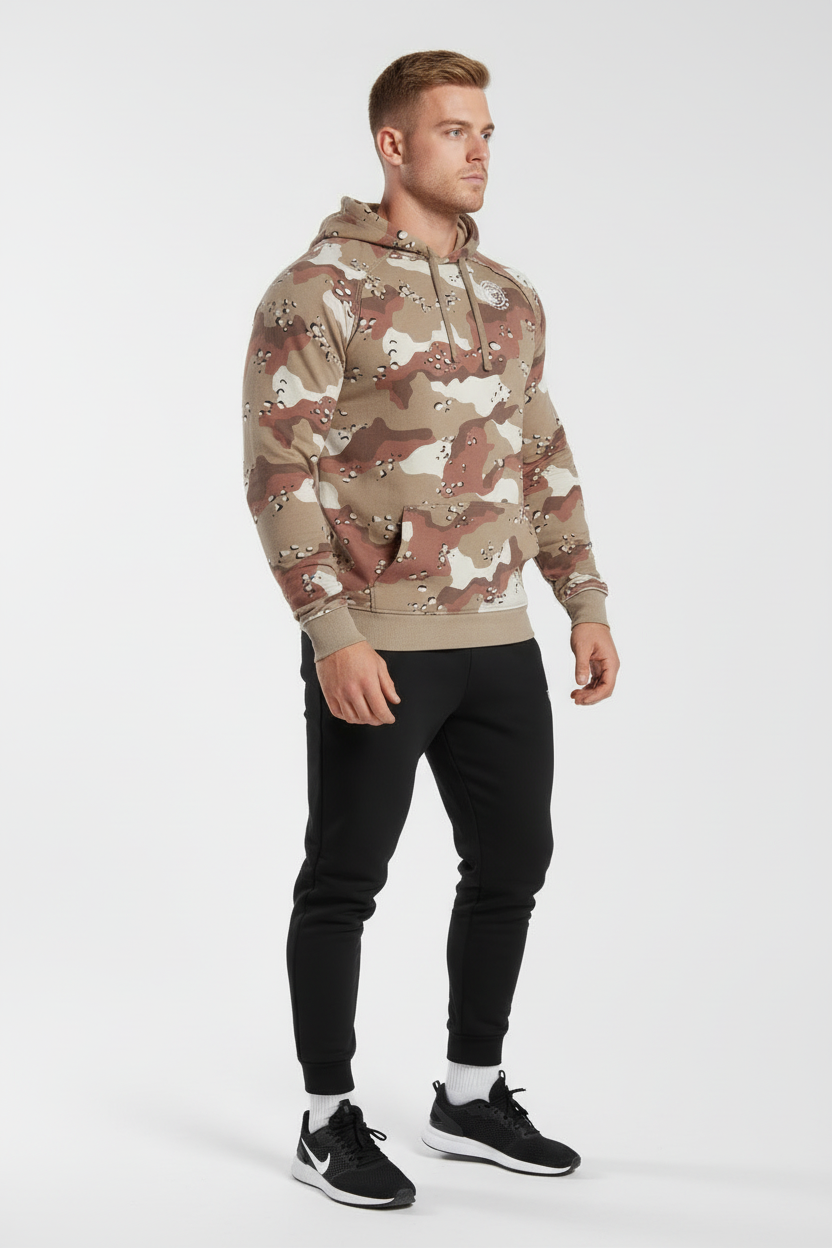 Caucasian blonde model desert camo hoodie side view