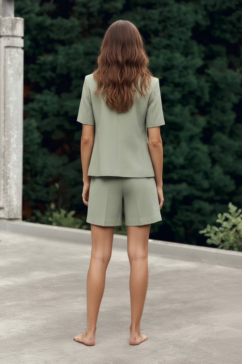 Caucasian woman long brown hair sage green suit back view