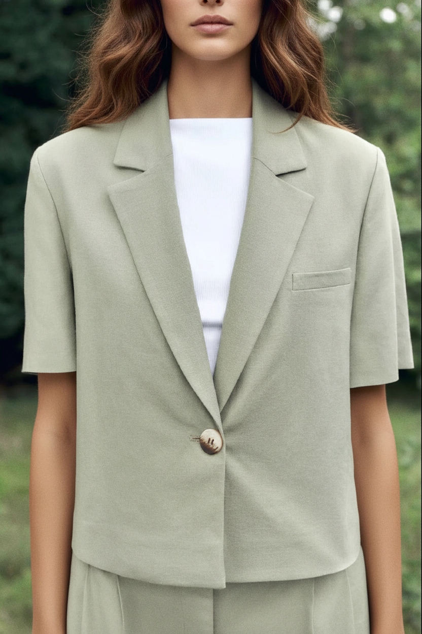 Caucasian woman long brown hair sage green suit detail