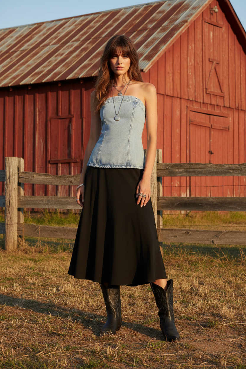 Country setting full body shot with brown hair