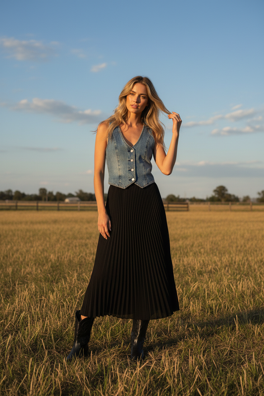 Denim Vest - Black Midi Skirt Country