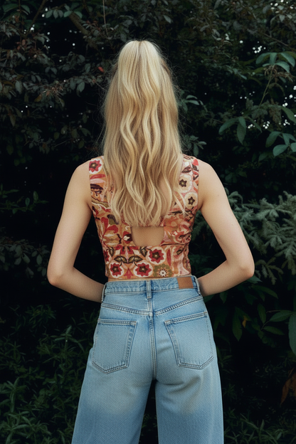 Floral top back view with blonde model