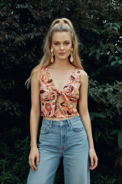 Floral top on blonde Caucasian model - full body
