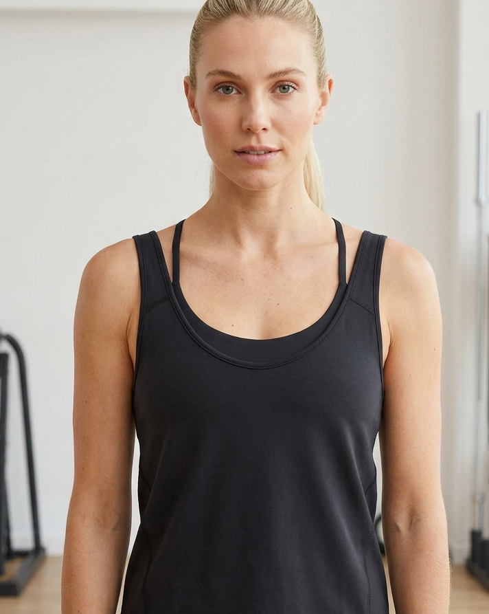 Front close-up on your blonde gym model