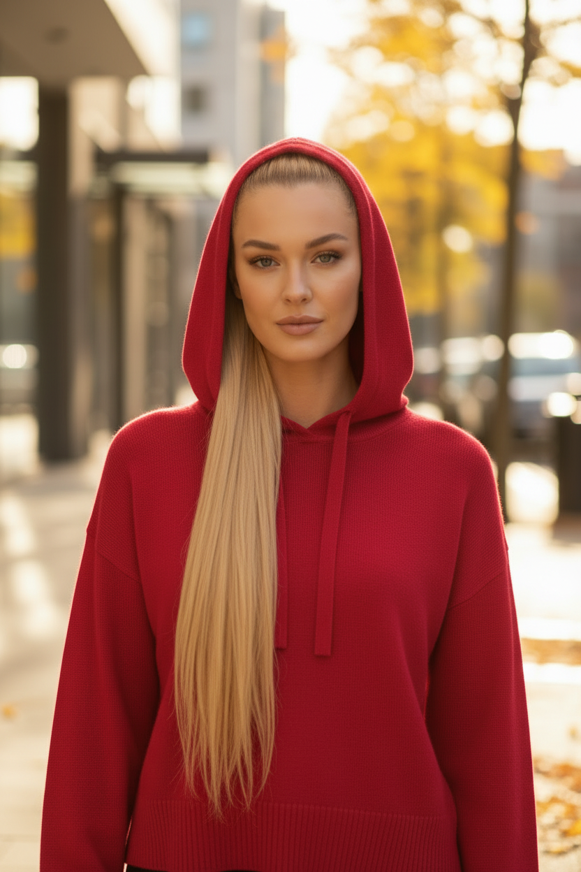 Front View - Hood Up, Hair Over Shoulder