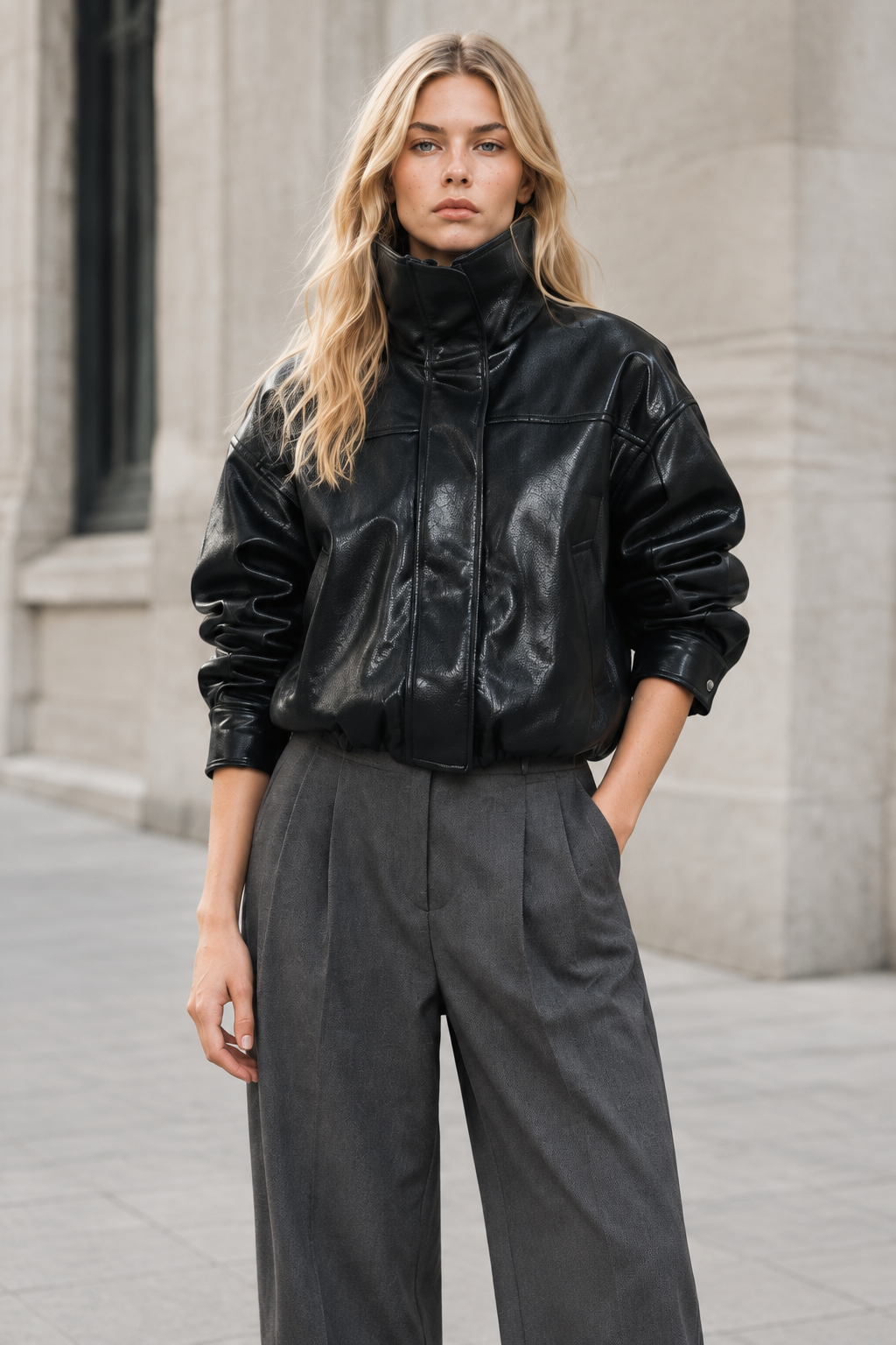 Front view with hand in pocket