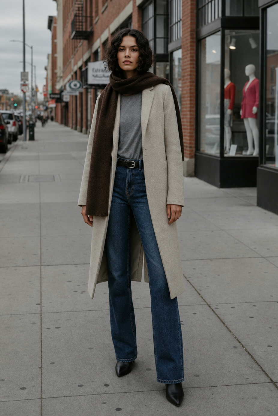 Front view with one scarf end over her shoulder