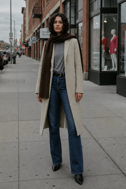 Front view with one scarf end over her shoulder