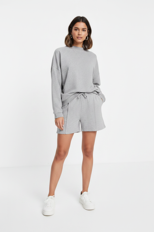 Grey Sweatshirt & Shorts Set - Full Body
