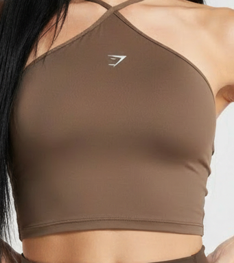 Long black hair model brown activewear back detail