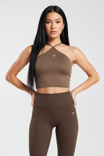 Long black hair model brown activewear front view