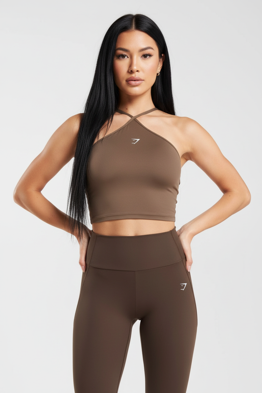 Long black hair model brown activewear front view