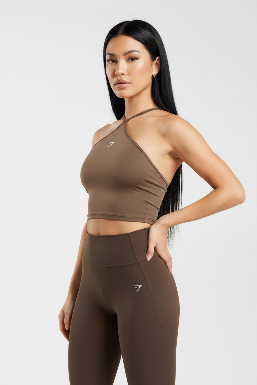 Long black hair model brown activewear side view
