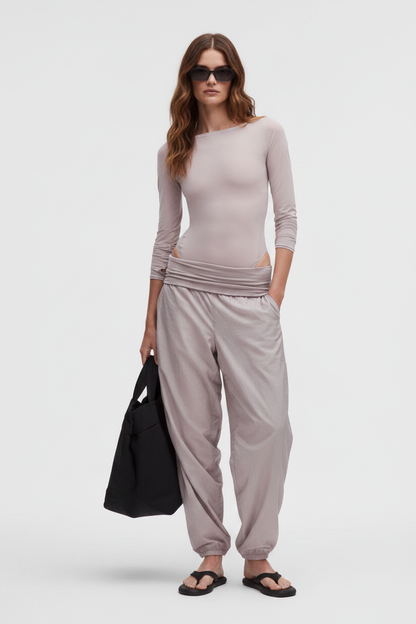 Long Brown Hair Model — Taupe Top