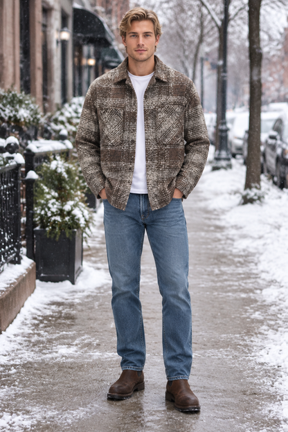 Male model wearing the plaid shacket on a snowy city sidewalk