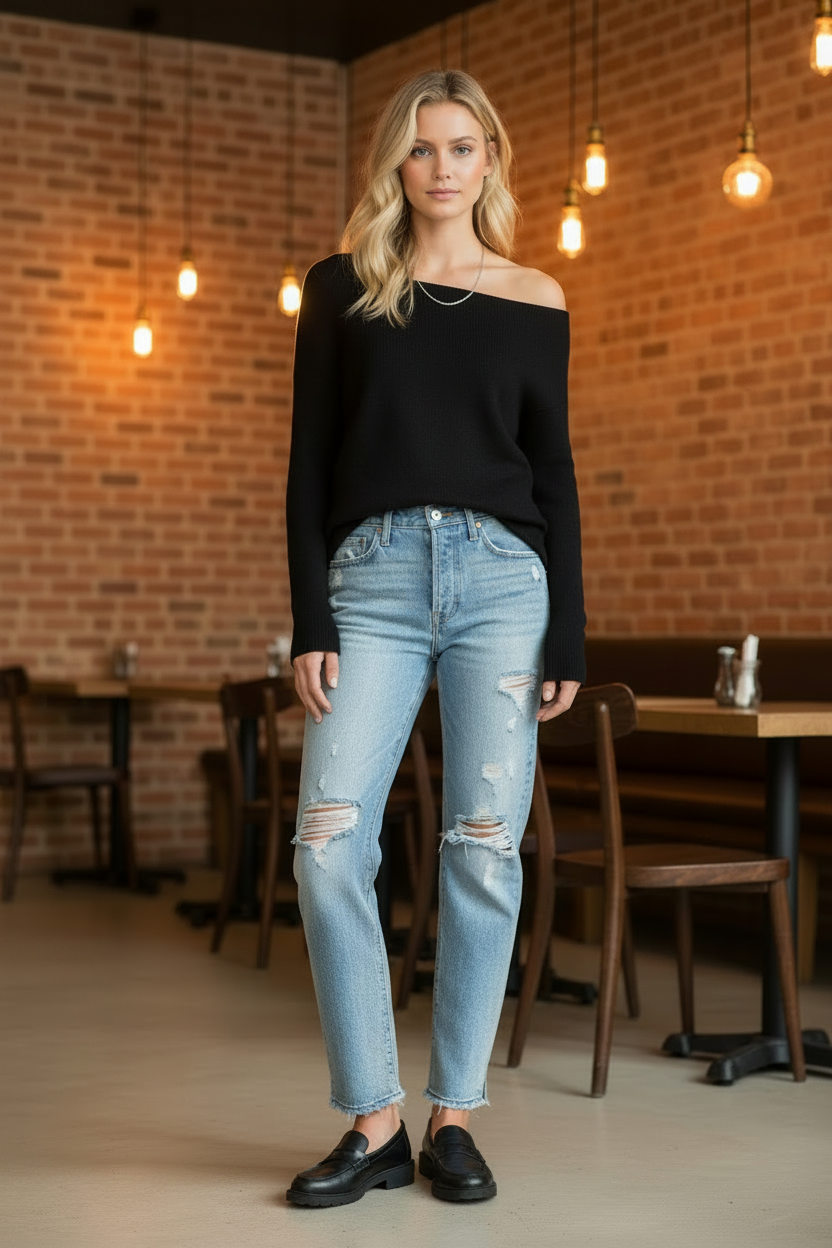 Model in Plain Off-Shoulder Sweater