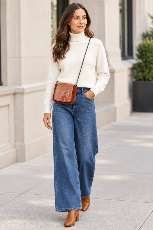 Model wearing the tan bag with a white turtleneck, wide-leg jeans and tan boots