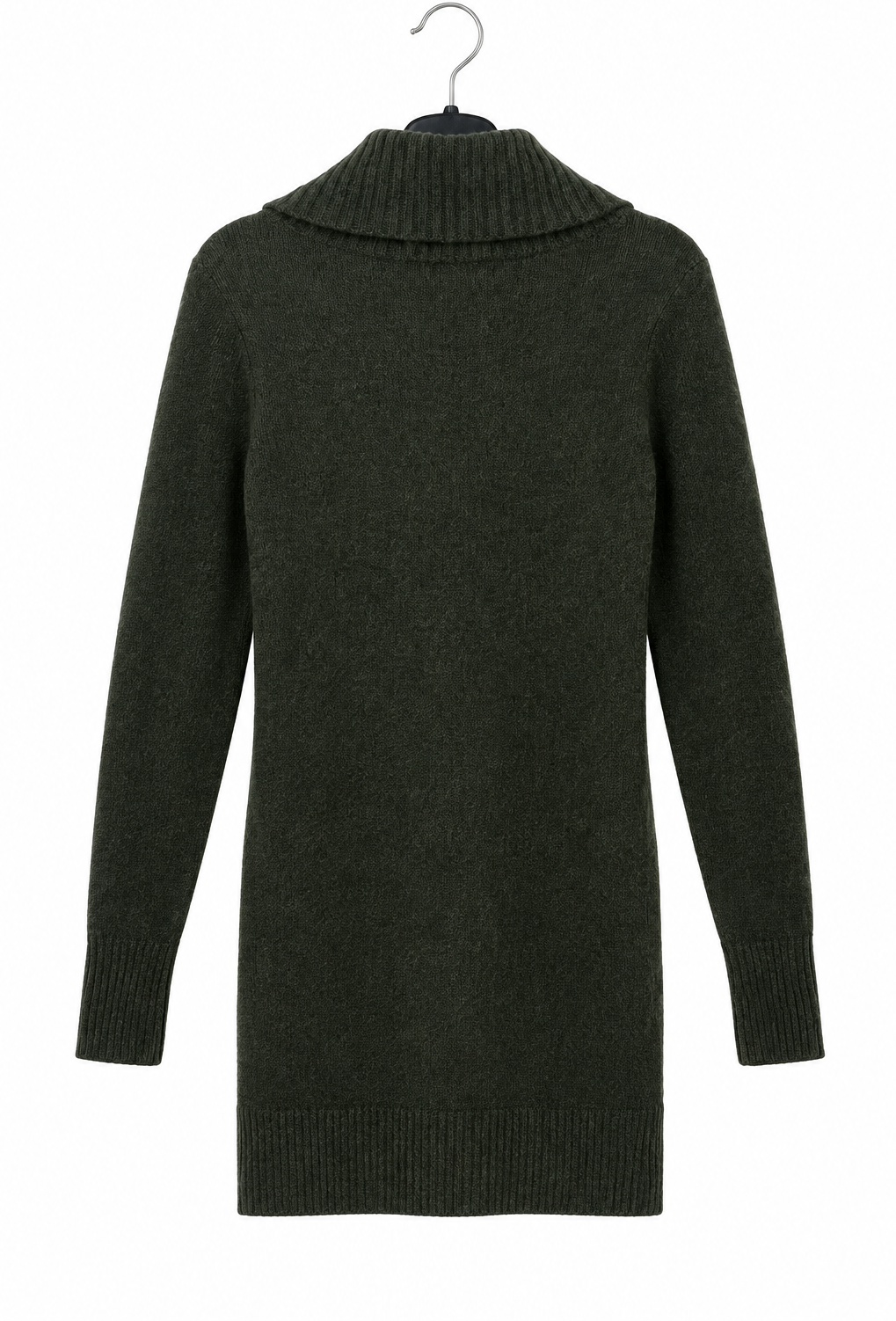 Straightened back view of the sweater on its hanger with a pure-white background
