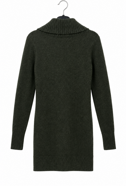 Straightened back view of the sweater on its hanger with a pure-white background