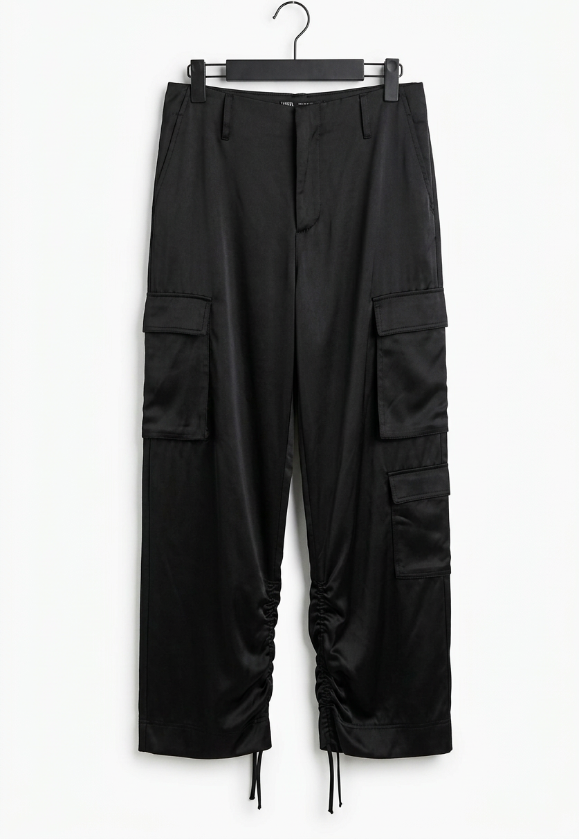 Straightened black cargo pants on a centered hanger against a clean white background