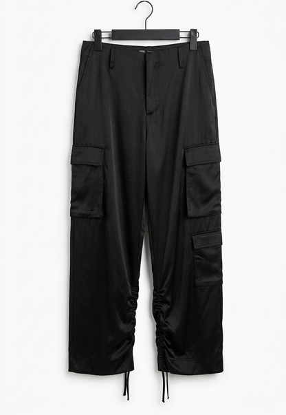 Straightened black cargo pants on a centered hanger against a clean white background