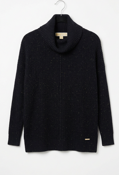 Straightened sweater front view on hanger