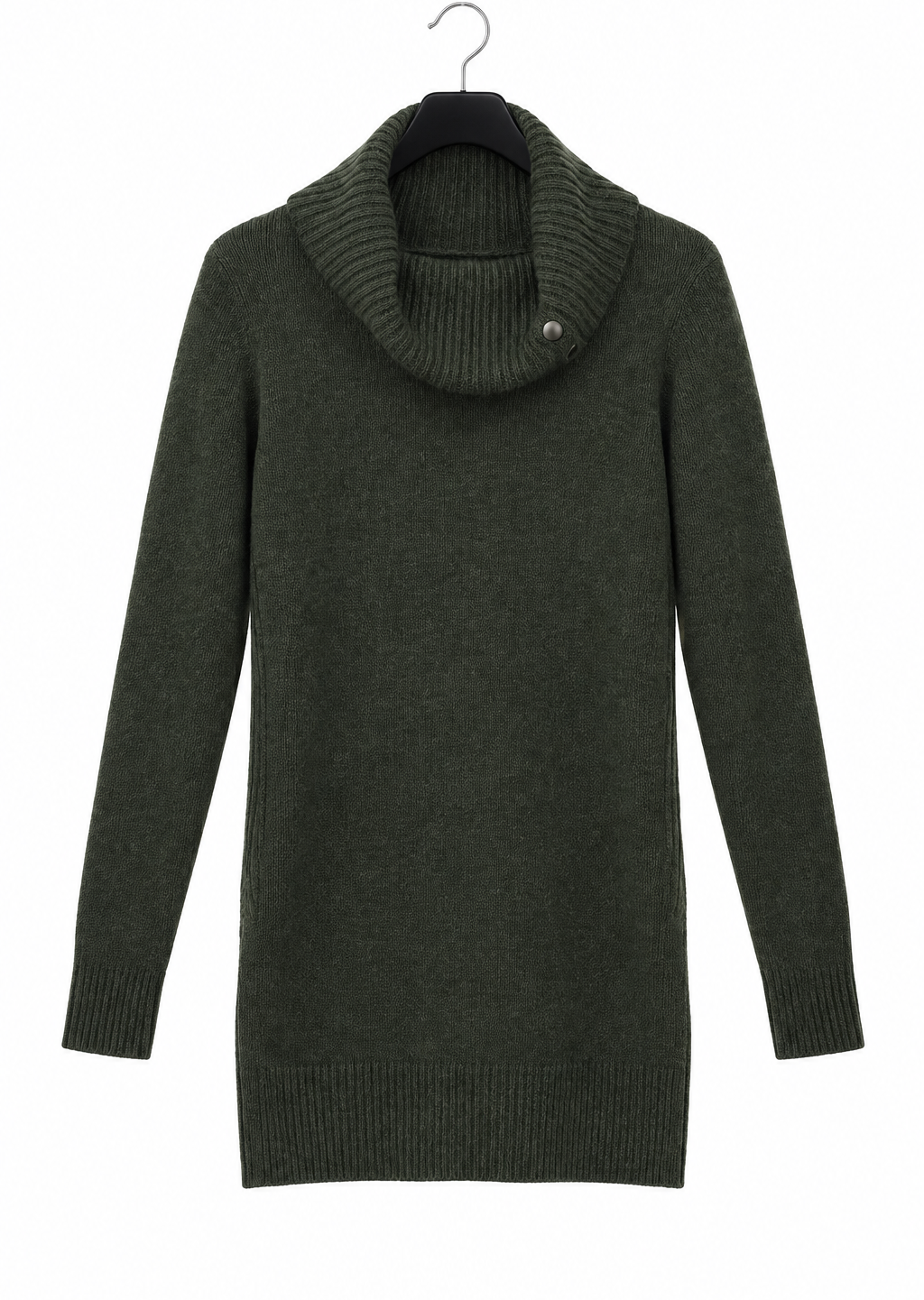 Sweater straightened on its hanger with a white background and solid collar hardware