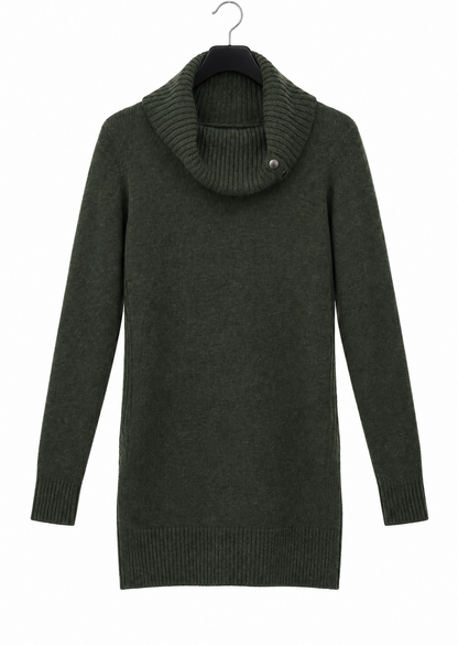 Sweater straightened on its hanger with a white background and solid collar hardware