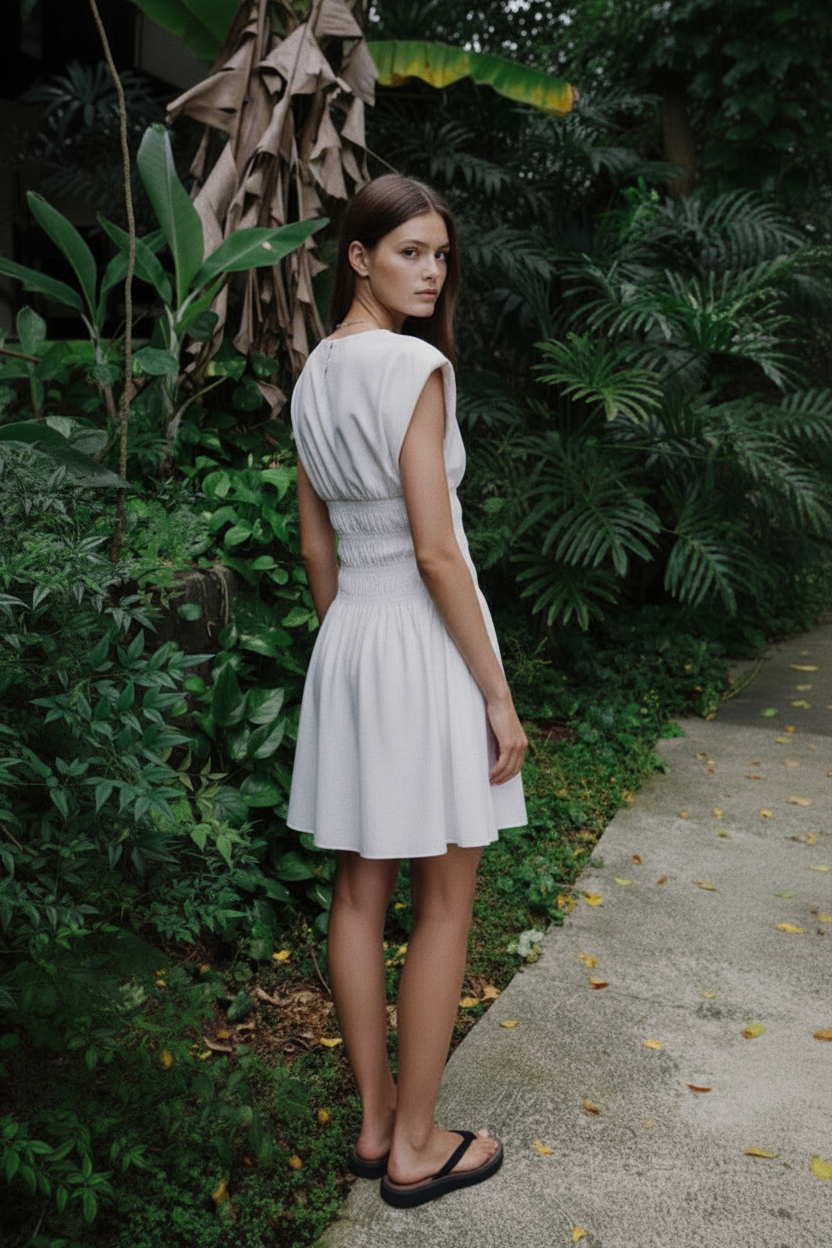 White dress back pose - pose one model