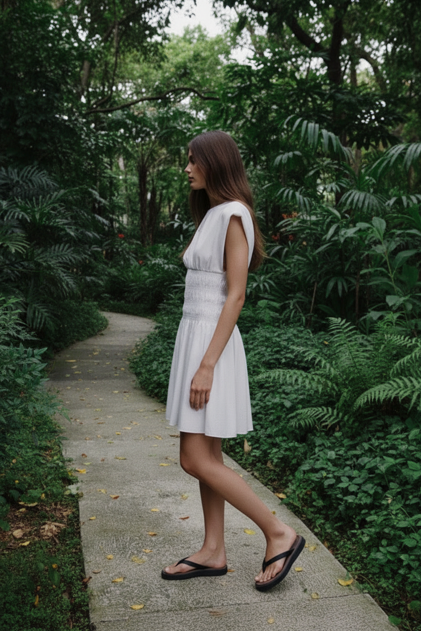 White dress walking side pose - pose one model